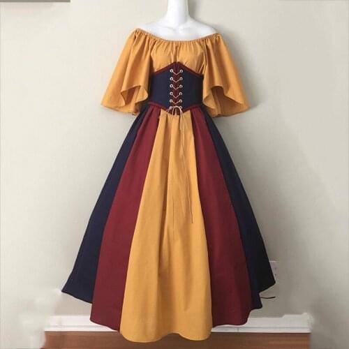 European Medieval Retro Vintage Contrast Color Stitching Lace Up Waist Big Swing Skirt Dress Halloween Carnival Female Costume