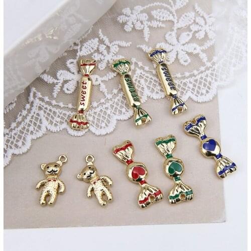 10pcs/lot Sweet Candy bow bear Enamel Charms Fashion Jewelry Earring DIY Making Charms Gold Color