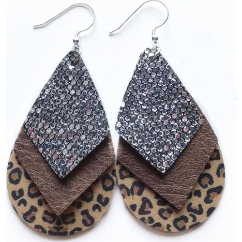 2019 Fashion Double Layers Leather Teardrop Glitter Leopard Water Drop Leaf Earrings For Women New Earrings