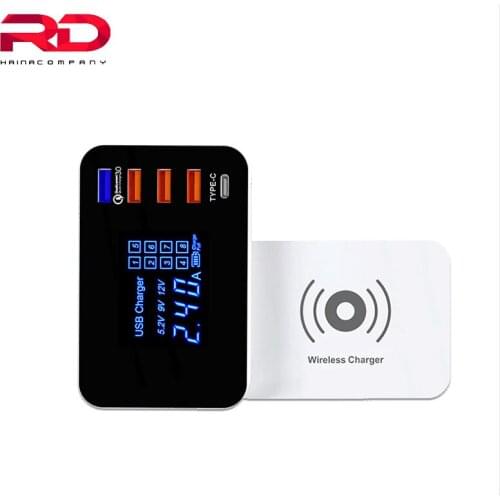 QI Wireless Charger Quick Charge 4.0 3.0 Type C Desktop Charger Station HUB LED Display 4 USB Adapter 5 Ports Fast Phone Charger