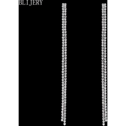 BLIJERY Fashion 2 Rows Rhinestone Long Tassel Earrings for Women Night Party Wedding Jewelry Bride Hanging Drop Dangle Earrings