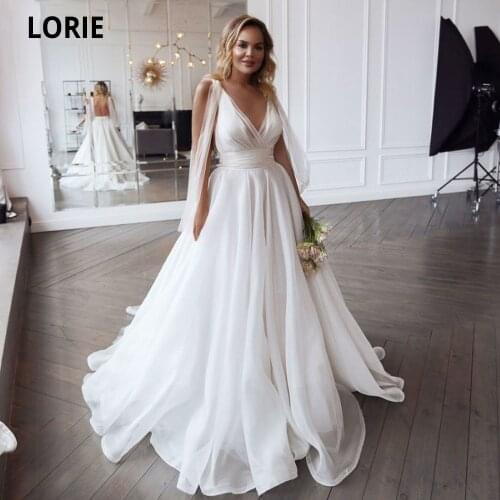 LORIE Cheap White Chiffon Beach Wedding Dresses A-line Bridal Gown Open Back V-neck Wedding Gowns vestido de noiva Sweep Train