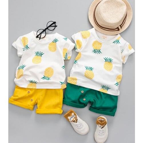 BINIDUCKLING Kids Boys Clothes Set For Summer Pineapple Printed Pure Cotton Short Sleeve tshirt Shorts Toddler Boys Clothing