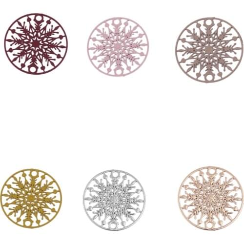 6 Colors Christmas Snowflake Round Connectors Copper Filigree Stamping 20mm Dia For DIY Earring Necklace Jewelry Making, 10 PCs
