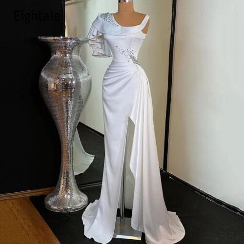 LORIE White Evening Dresses Arabic Scoop Beaded Cap Sleeves Pleats Satin Side Split Mermaid Prom Gowns Celebrity Party Dress