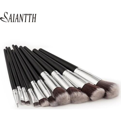 SAIANTTH black wood silver tube 10pcs makeup brushes set powder blush foundation eyeshadow concealer kit maquiagem beauty tool