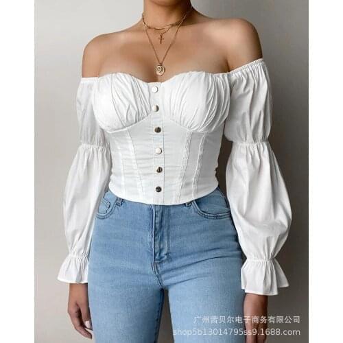 2021 new blouses women white off shoulder top