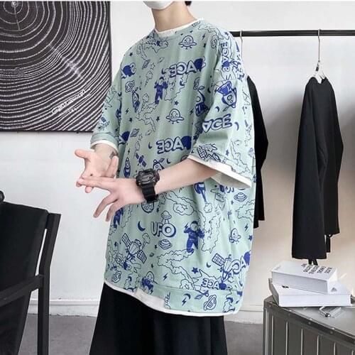 2021 Summer Mens New Cartoon Print Round Neck Five-point Sleeves Casual Loose Tie-dye Tide Brand Short Sleeves