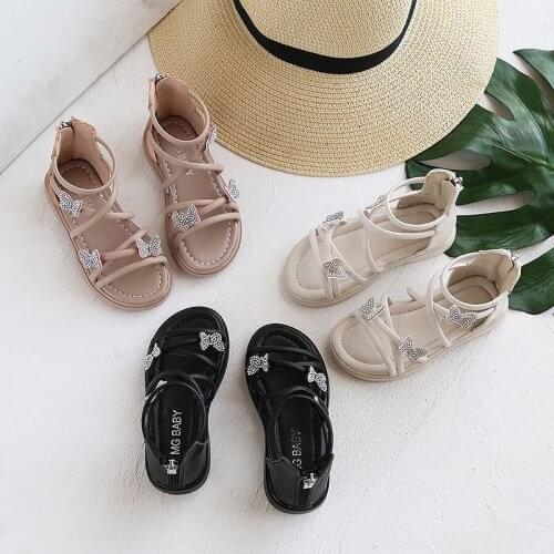 2021 summer new girls sandals with back zipper rhinestone butterfly soft sole Gladiator fashion style princess shoes flats chic