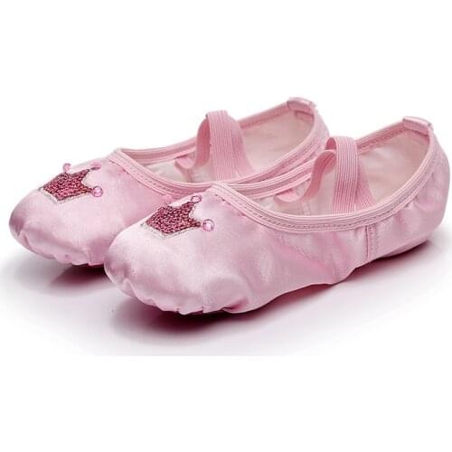 Girls Kids Red Pink Pointe With Crown Embroidery Children Beginner Practicing Dancing Shoes Soft Sole Satin Ballet