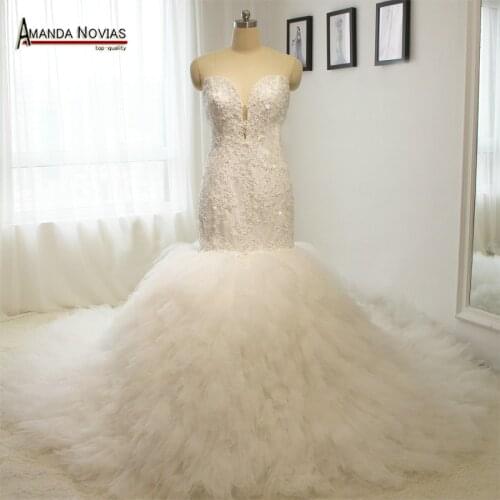 Luxury Long Train Ruffles Wedding Dresses Top Full Beading Lace New Bridal Dress