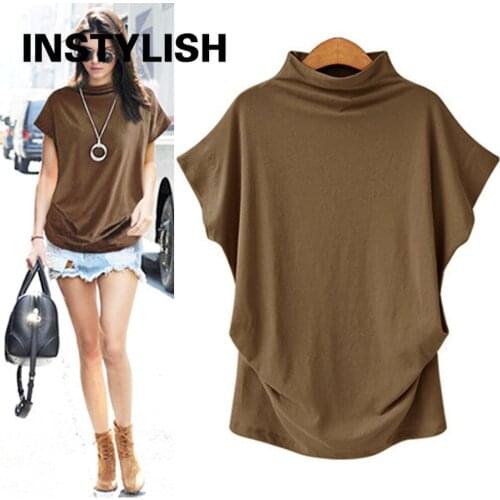 Instylish Women Casual Turtleneck Short Batwing Sleeve T Shirts Elegant Solid Loose Blouse Vintage Tops Shirts Oversize S-6XL