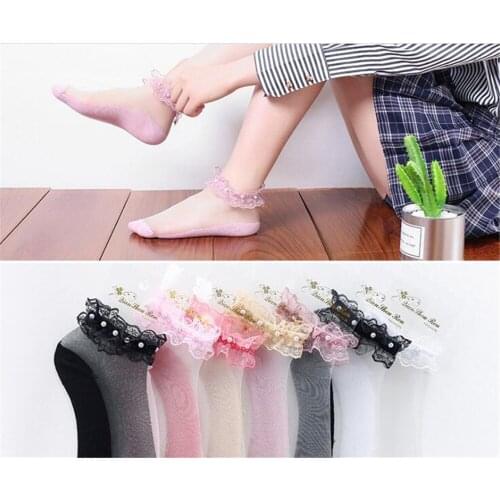 Lolita Women Lace pearl Ruffle Ankle Socks Lady Sock Mesh Transparent Short Socks B624