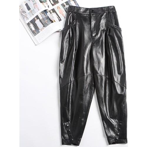 Real Leather Pants Female 100% Sheepskin Harem Pants Women High Waist Trousers Korean Fashion Plus Size 5xl Pantalones Pph3950