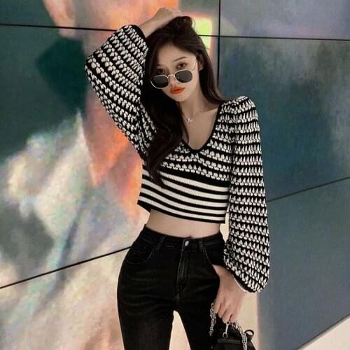 Womens V-Neck Pullover Knitted Crop Sweater Jumper Tops Long Sleeve Loose Fit Waffle Knit Tops