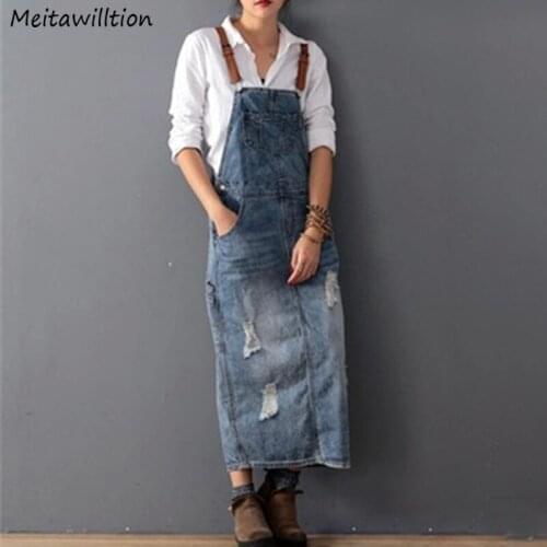 2021 Women Retro Denim Dress Autumn Spring Suspender Sarafan Loose Vest Jeans Overall Maxi Dress Plus Size
