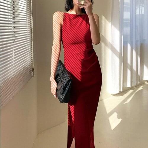 Red Slash Neck Women Dresses Solid Slim Knee-Length Elegant Office Lady All Match Buttoming Pulls Top Quality