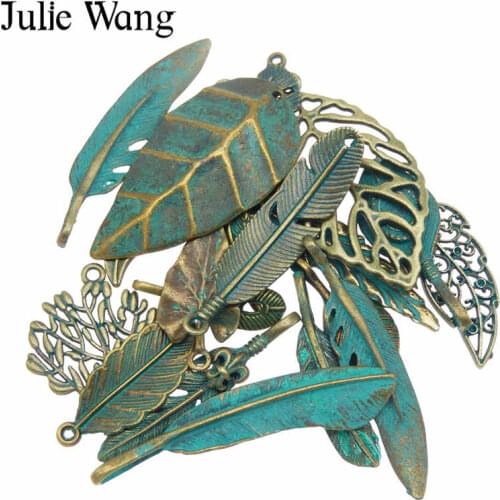 Julie Wang 14PCS Feather Leaves Charms Alloy Antique Green Random Mixed Pendants Necklace Finding Jewelry Making Accessory