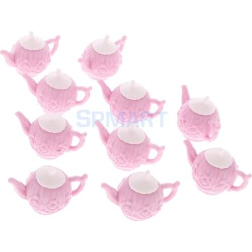 10 Sets Dollhouse Miniature Plastic Pink Tea Pot with 2 Cups Tableware Accessory