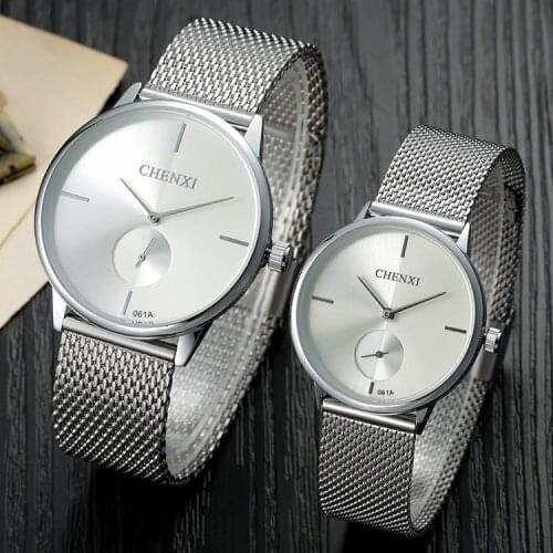 Fashion simple stylish Top Luxury brand CHENXI Watches men women Stainless Steel Mesh band Quartz-watch thin Dial Clock man lady