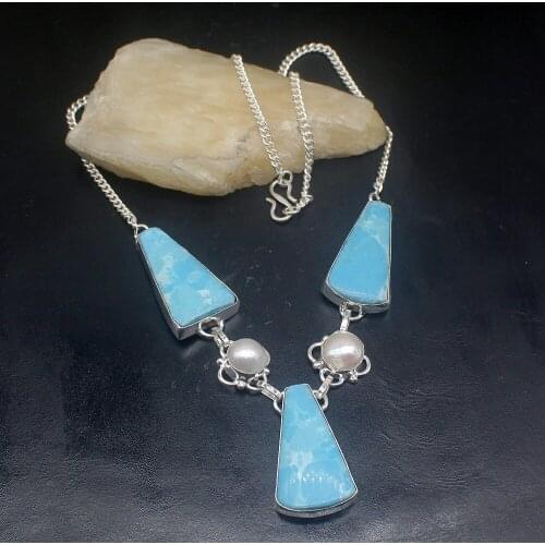 Gemstonefactory Jewelry Big Promotion 925 Silver Blue Jasper White Pearl Gemstone Ladies Women Chain Necklace 45cm 20213557