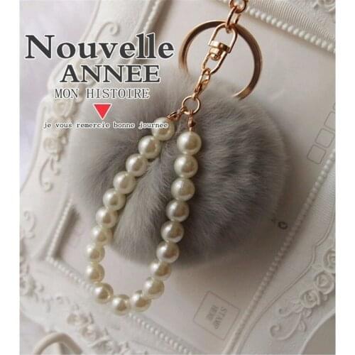 Cute Fluffy Rabbit Fur Ball Pompom Keychain Women Gold Charm Pearl Pompon Key Chain Female Bag Car Trinket Jewelry Party Gift