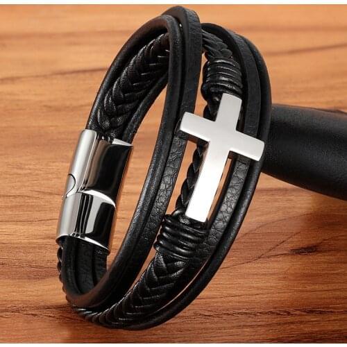 Multi Layer Design Stainless Steel Fashion Mens Leather Bracelet Classic Gift For Men 5 Different Styles Choose