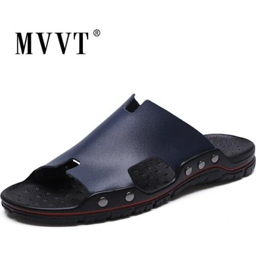 MVVT Genuine Leather Men Slippers Concise Slides Sandals Men Summer Footwear Sandalias Super Light Weight Beach Sandals