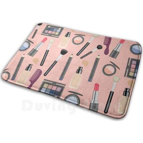 Makeup Kit Mat Rug Carpet Anti-Slip Floor Mats Bedroom Makeup Kit Lipstick Pink Foundation Brush Brushes Vector Pattern Beauty