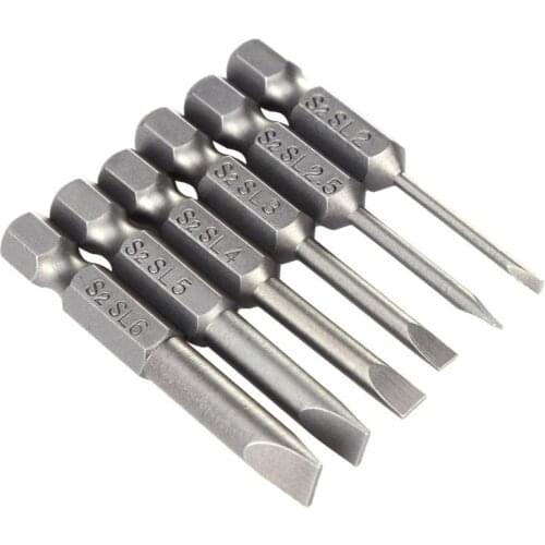 6pcs Slotted Screwdriver Bit Set 2mm-6mm S2 Alloy Steel Magnetic Flat Head Slotted Tip Nozzles for Screwdrivers Bits Tips