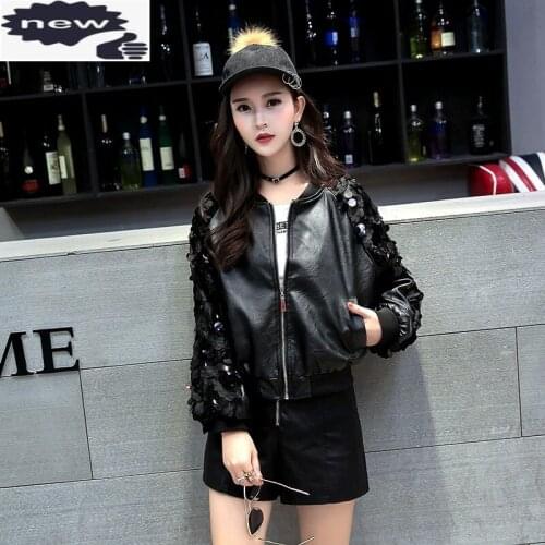 Autumn Loose PU Leather Casual Long Sleeve Female Street Zipper Sequin Biker Coat Stand Collar Black Bomber Short Jacket