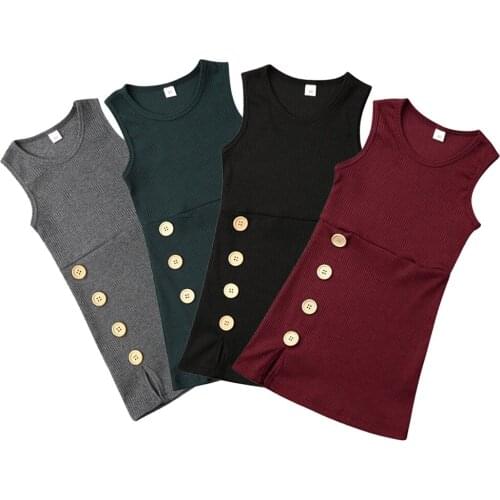 1-4Years Baby Girl Sleeveless Dress Clothes Set Button Knitted Plain Casual Dresses