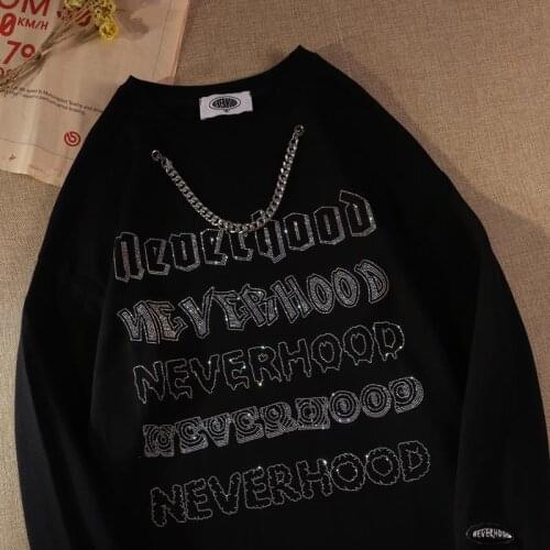 Street Harajuku hot diamond necklace round neck solid color sweater loose high street Harajuku garbage punk clothes streetwear