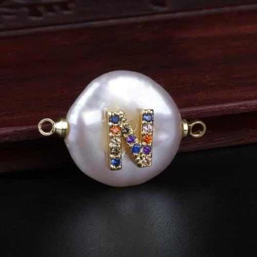 Rainbow CZ initial 26 alphabet letter name charm freshwater pearl beads connector for Wedding birthday jewelry DIY