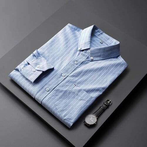 Spring and Autumn Oxford cloth mens pure cotton striped long-sleeved shirt business casual shirt non-iron(oversized plus size)