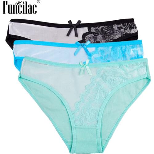 FUNCILAC Brand Women Panties Mesh Lace Patchwork Ladies Briefs Sexy Cotton Soft Female Underwear Simple Solid Lingerie 3pcs/lot