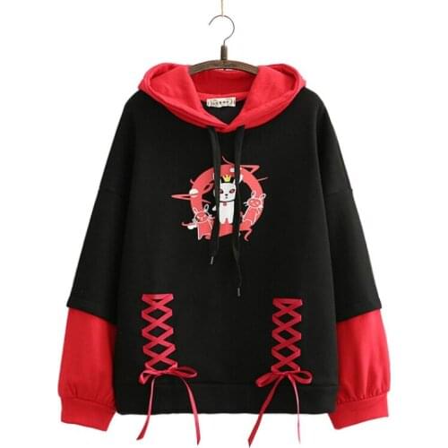 Winter Fleece Hooded Sweatshirt Harajuku Cartoon Print Lace Up Hoodies Women 2020 Long Sleeve Sweet Style Kawaii Teen Girls Top