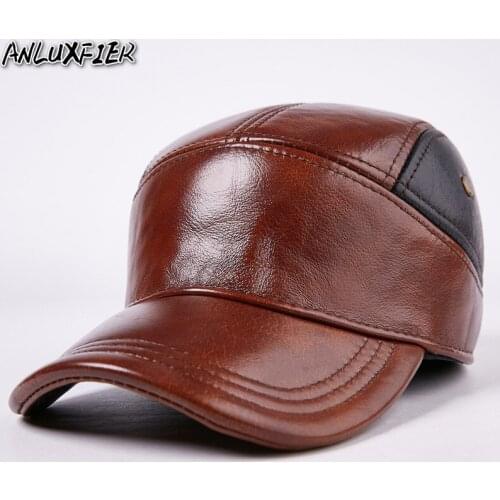 B-7193 New Arrival Leather Hat Mens Genuine Leather Hat Ear Protective Hats Adult Warm Peaked Thickening Cap Adjust Size