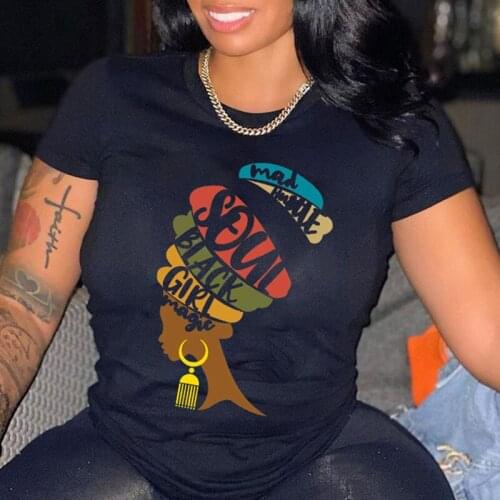 Women Summer Black Girl Print Casual T-Shirts Ladies White Loose Tshirt Fashion Streetwear Short Sleeve O-Neck Tees Shirt