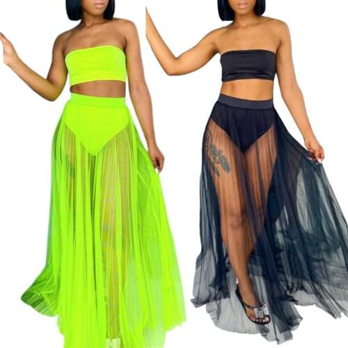 Women Sexy Swimsuits Sets Strapless Bandeau Tops + Swim Brief + Mesh Sheer Pleated Maxi Skirt 3pcs Swimwear Bathing Suits