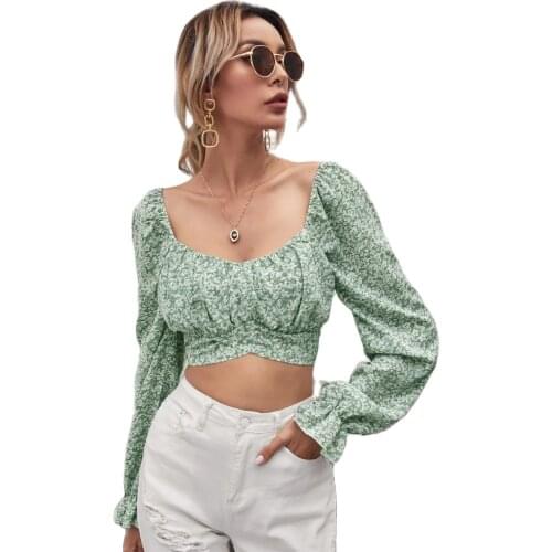Short Spring Chiffon Slim Sexy Low U-Neck Square Long Sleeve Ruffle Flowers Pastoral Style Colorful Womens Open Back Sweet Top