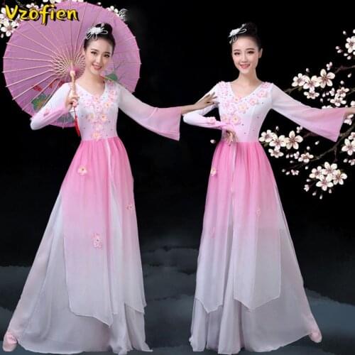 Traditional Chinese Folk Dance Costume Woman Adult Elegant Fan Umbrella Hanfu Clothing Ancient Yangko Dance Stage Performance