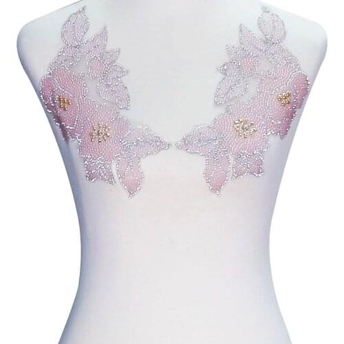 1pair Mirror Flower Design Applique Craft Iron on Stickers Hot Fix Motif Rhinestones DIY for T-shirt Dance Dress Clothes T2357