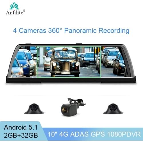 4 Channel 360° Panoramic RearView Anfilite 10"IPS Android 5.1 GPS WiFi ADAS 4 Cameras Night Vision FHD 1080P 2+32GB Dash Camera