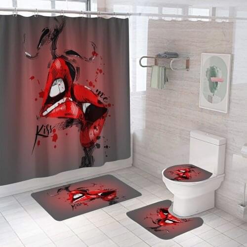 Crow Kiss Lips Waterproof Shower Curtain Butterfly Colorful Heart Bathroom 4pcs Set Toilet Cover Mat Non Slip Rug 3D Home Decor
