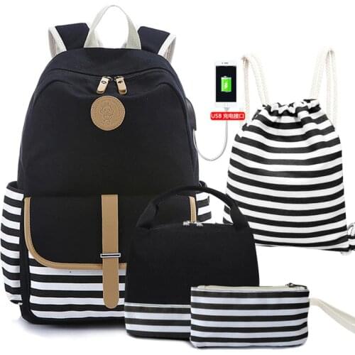 4 in 1 Kids Backpack Set Girls Canvas Bookbags Striped Prints Laptop Backpacks College Casual Daypack with Tote bag Mochilas