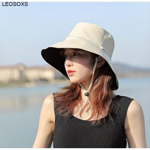 Double Sided Pure Color Fishermans Hat Womens Korean Fashion Large Brim Windbreak Rope Bucket Hat Sunscreen Hats