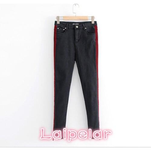 Denim pencil Streetwear pants female trouser Fashion red side striped high waist jeans women Sexy black stretch skinny jeansNew