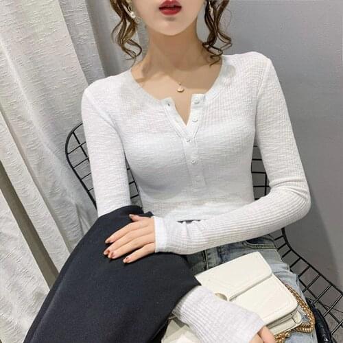 T Shirt Women 2021 White Soft Cotton Long Sleeve Button O-neck Slim Basic Casual Korean Autumn New Woman Tops Mujer Camisetas