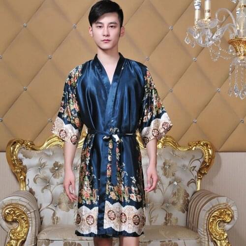 Men Kimono Bathrobe Chinese Style Robe Gown Print Flower Sleepwear Casual Nightwear Rayon Negligee Loose Intimate Lingerie